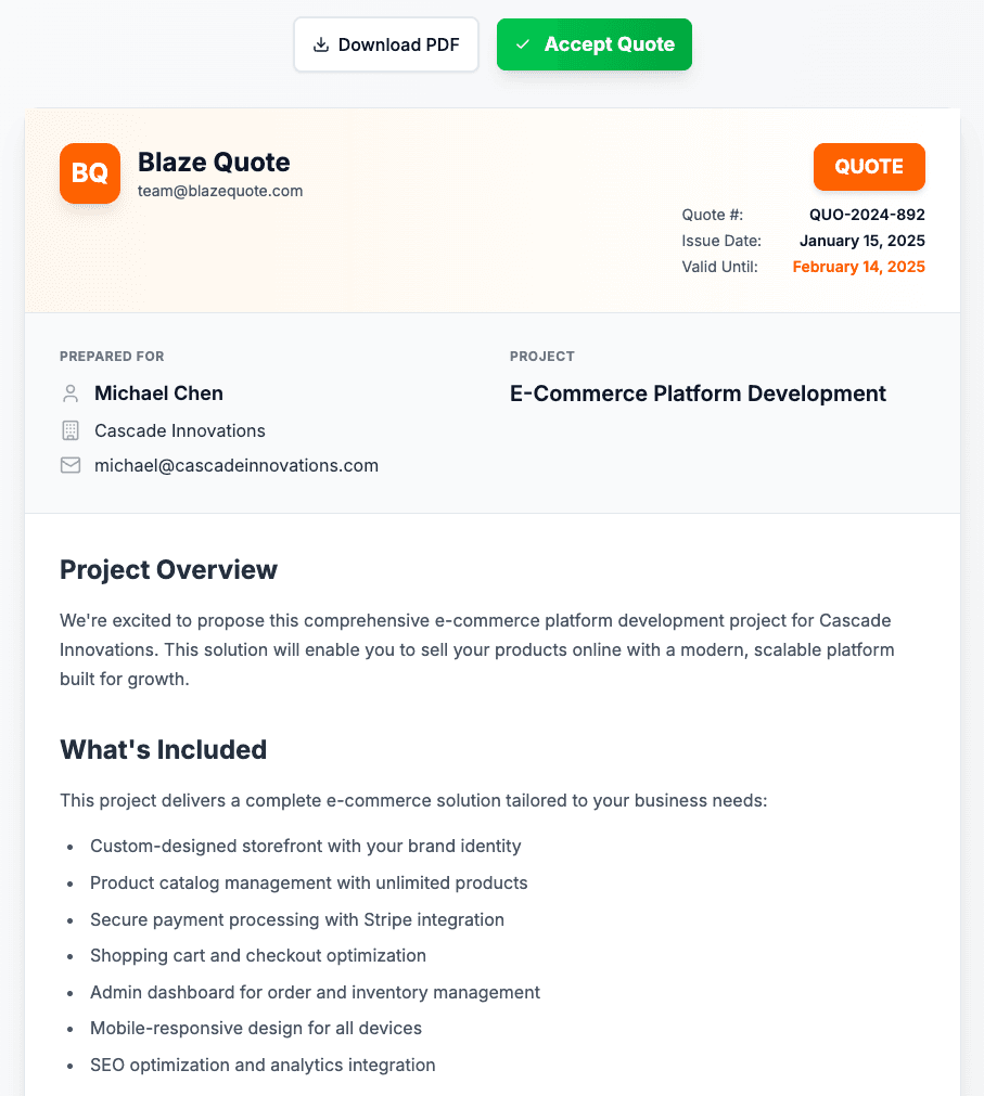 Professional quote PDF showing Blaze Quote header, client details, project overview, and Accept Quote button